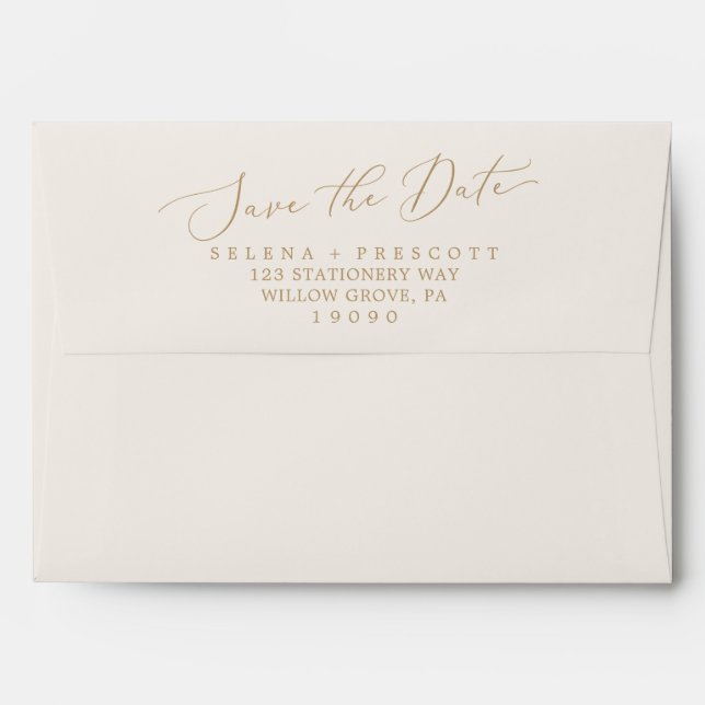 Delicate Gold Calligraphy Cream Save the Date Card Envelope (Back (Top Flap))