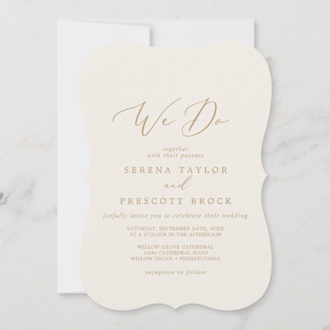 Delicate Gold Calligraphy | Cream We Do Wedding Invitation (Front)