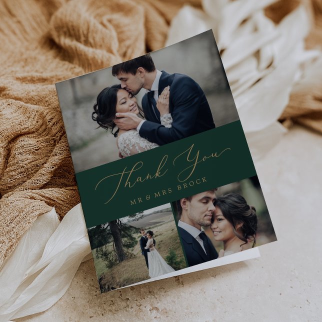 Delicate Gold Calligraphy | Green 3 Photo Collage Thank You Card (Creator Uploaded)