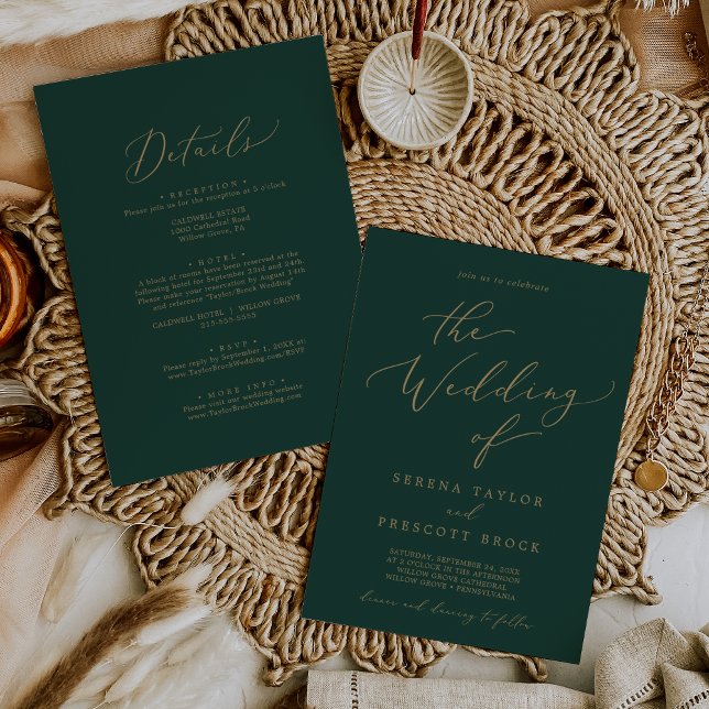 Delicate Gold Calligraphy Green All In One Wedding Invitation (Creator Uploaded)