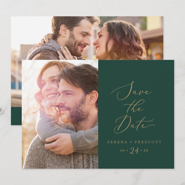 Delicate Gold Calligraphy | Green Photo Save The Date (Front/Back)