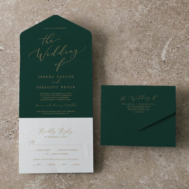 Delicate Gold Calligraphy | Green Wedding All In One Invitation (Creator Uploaded)