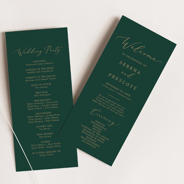 Delicate Gold Calligraphy | Green Wedding Program (Creator Uploaded)