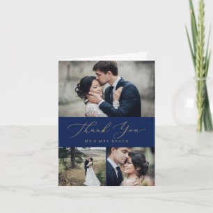 Delicate Gold Calligraphy   Navy 3 Photo Collage Thank You Card
