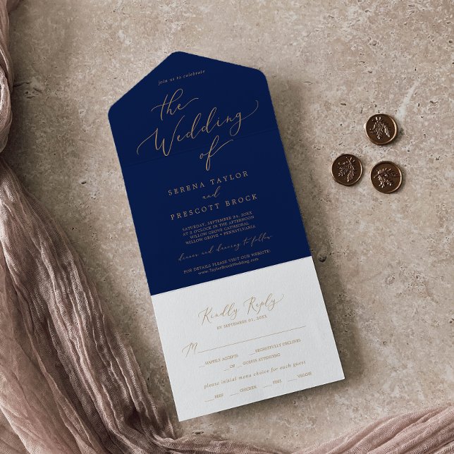 Delicate Gold Calligraphy | Navy Wedding All In One Invitation (Creator Uploaded)