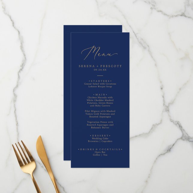 Delicate Gold Calligraphy Navy Wedding Dinner Menu (Front/Back In Situ)