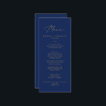 Delicate Gold Calligraphy Navy Wedding Dinner Menu<br><div class="desc">This delicate gold calligraphy navy wedding dinner menu card is perfect for a modern wedding. The romantic minimalist design features lovely and elegant champagne golden yellow typography on a navy blue background with a clean and simple look. This menu can be used for a wedding reception, rehearsal dinner, or any...</div>