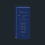 Delicate Gold Calligraphy Navy Wedding Dinner Menu<br><div class="desc">This delicate gold calligraphy navy wedding dinner menu card is perfect for a modern wedding. The romantic minimalist design features lovely and elegant champagne golden yellow typography on a navy blue background with a clean and simple look. This menu can be used for a wedding reception, rehearsal dinner, or any...</div>