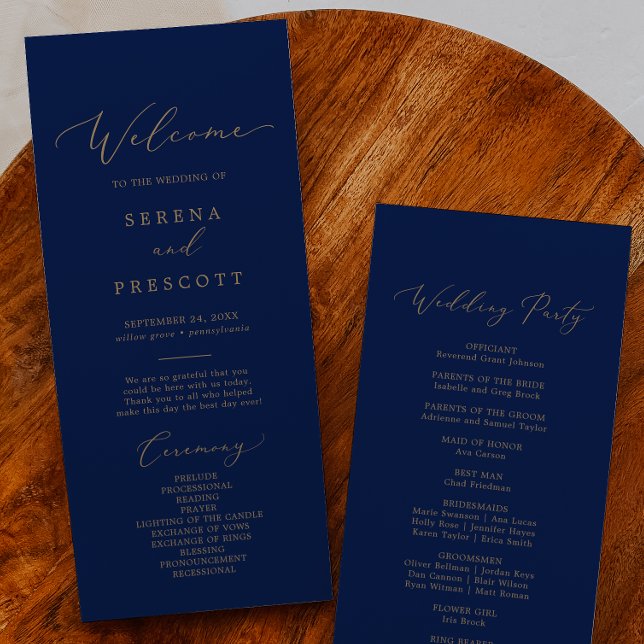 Delicate Gold Calligraphy | Navy Wedding Program (Creator Uploaded)