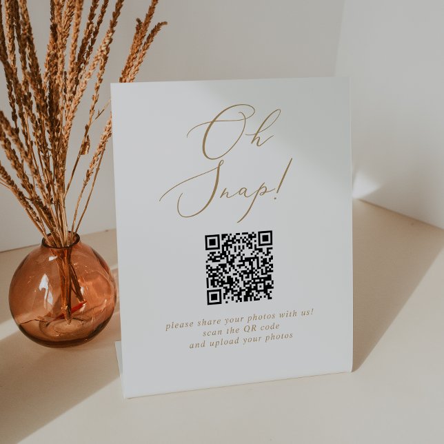 Delicate Gold Calligraphy Oh Snap QR Code Wedding Pedestal Sign (Creator Uploaded)