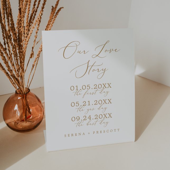 Delicate Gold Calligraphy Our Love Story Wedding Pedestal Sign (Creator Uploaded)