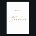 Delicate Gold Calligraphy Table Nineteen Table Number<br><div class="desc">This delicate gold calligraphy table nineteen table number is perfect for a modern wedding. The romantic minimalist design features lovely and elegant champagne golden yellow typography on a white background with a clean and simple look. The card prints on the front and back (double-sided). Other table numbers in the collection...</div>