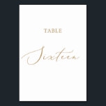 Delicate Gold Calligraphy Table Sixteen Table Number<br><div class="desc">This delicate gold calligraphy table sixteen table number is perfect for a modern wedding. The romantic minimalist design features lovely and elegant champagne golden yellow typography on a white background with a clean and simple look. The card prints on the front and back (double-sided). Other table numbers in the collection...</div>