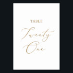 Delicate Gold Calligraphy Table Twenty One Table Number<br><div class="desc">This delicate gold calligraphy table twenty one table number is perfect for a modern wedding. The romantic minimalist design features lovely and elegant champagne golden yellow typography on a white background with a clean and simple look. The card prints on the front and back (double-sided). Other table numbers in the...</div>