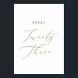 Delicate Gold Calligraphy Table Twenty Three Table Number<br><div class="desc">This delicate gold calligraphy table twenty three table number is perfect for a modern wedding. The romantic minimalist design features lovely and elegant champagne golden yellow typography on a white background with a clean and simple look. The card prints on the front and back (double-sided). Other table numbers in the...</div>