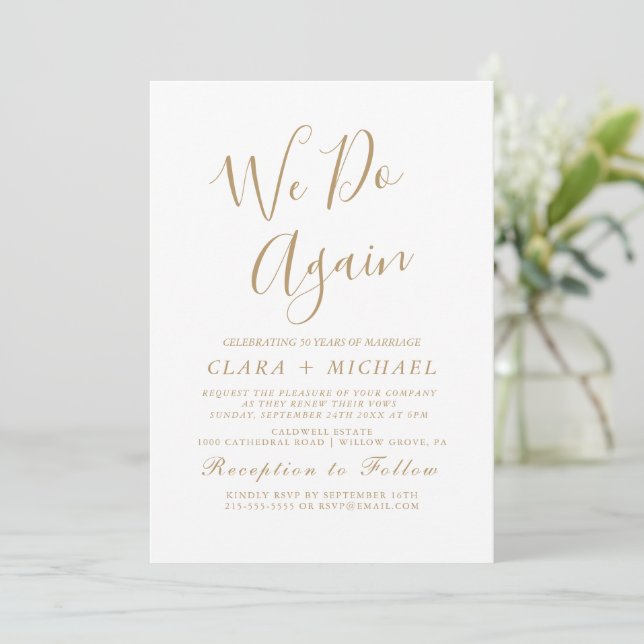 Delicate Gold Calligraphy "We Do Again" Vow Renewa Invitation (Standing Front)