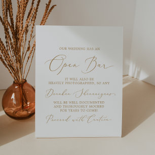 Delicate Gold Calligraphy Wedding Caution Open Bar Pedestal Sign