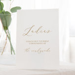 Delicate Gold Calligraphy Wedding Ladies Bathroom Pedestal Sign<br><div class="desc">This delicate gold calligraphy wedding ladies bathroom pedestal sign is perfect for a modern wedding. The romantic minimalist design features lovely and elegant champagne golden yellow typography on a white background with a clean and simple look. The sign reads: ladies please help yourself compliments of the newlyweds.</div>