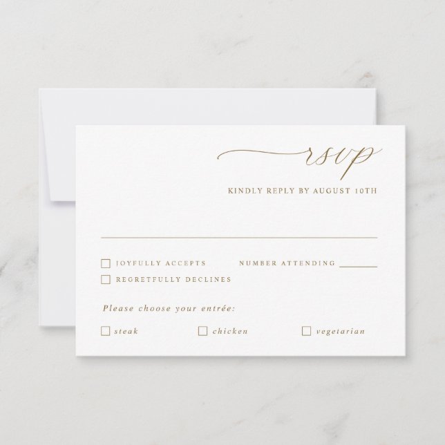 Delicate Gold Calligraphy Wedding Meal Option RSVP Card (Front)