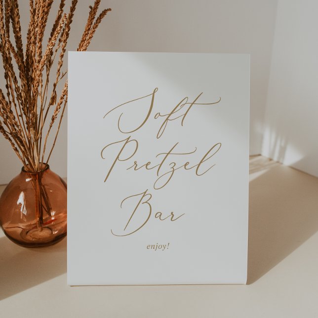 Delicate Gold Calligraphy Wedding Soft Pretzel Bar Pedestal Sign (Creator Uploaded)