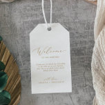 Delicate Gold Calligraphy Wedding Welcome Gift Tags<br><div class="desc">These delicate gold calligraphy wedding welcome gift tags are perfect for a modern wedding. The romantic minimalist design features lovely and elegant champagne golden yellow typography on a white background with a clean and simple look. Personalise the tags with the location of your wedding, a short welcome note, your names,...</div>