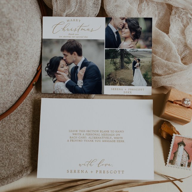 Delicate Gold Christmas Wedding Photo Thank You Ho Holiday Card (Creator Uploaded)