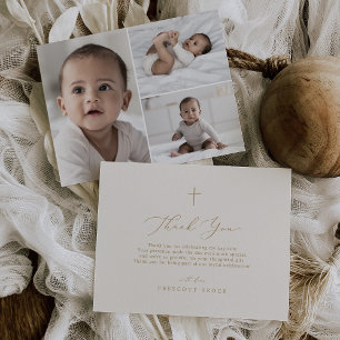 Delicate Gold Cream 3 Photo Boho Cross Baptism Thank You Card
