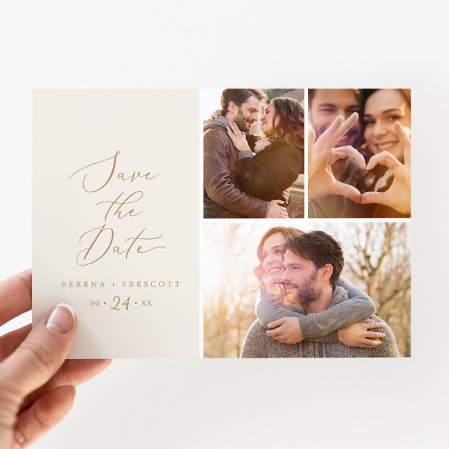 Delicate Gold Cream 3 Photo Collage Save The Date (Creator Uploaded)
