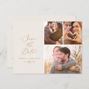 Delicate Gold Cream 3 Photo Collage Save the Date Invitation Postcard