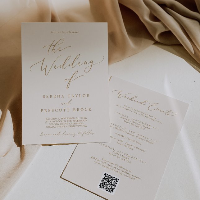 Delicate Gold Cream Weekend Events QR Code Wedding Invitation (Creator Uploaded)