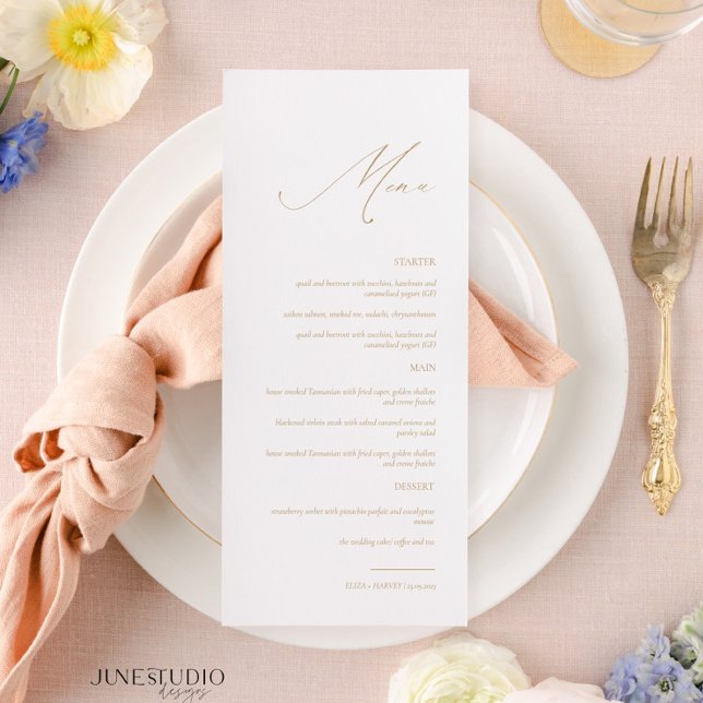 Delicate Gold Elegant Modern Script Wedding Menu (elegant dainty calligraphy gold wedding menu, delicate script gold menu wedding, classic simple )