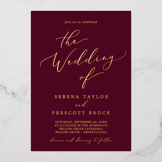 Delicate Gold Foil | Burgundy The Wedding Of (Front)
