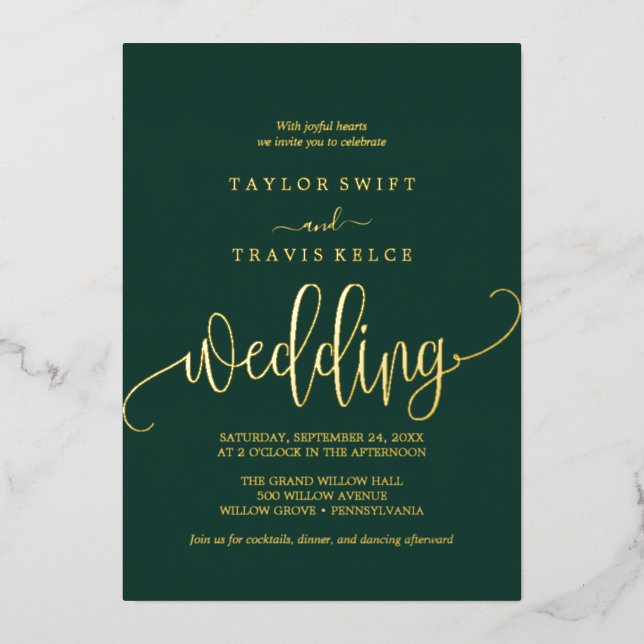 Delicate Gold Foil Calligraphy | Emerald Wedding  (Front)