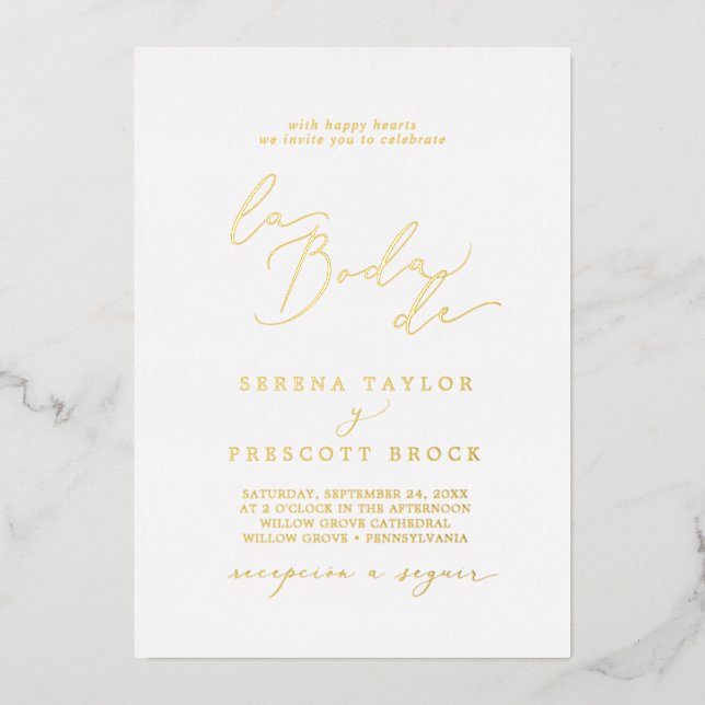 Delicate Gold Foil Calligraphy La Boda De Wedding (Front)