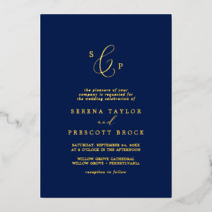 Delicate Gold Foil   Navy Formal Monogram Wedding