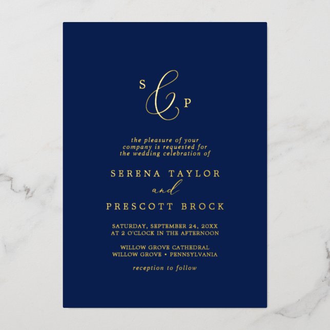 Delicate Gold Foil | Navy Formal Monogram Wedding (Front)