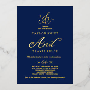 Delicate Gold Foil Navy Formal Monogram Wedding