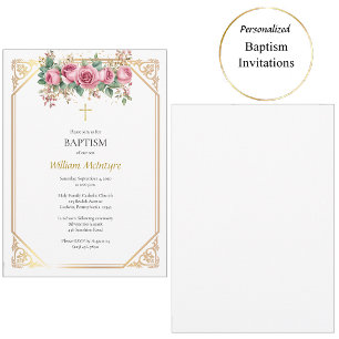 Delicate Gold Frame Pink Roses Catholic Baptism  Invitation
