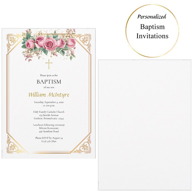 Delicate Gold Frame Pink Roses Catholic Baptism  Invitation (Creator Uploaded)