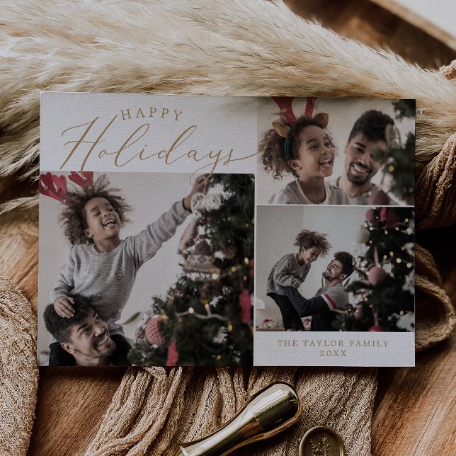 Delicate Gold Happy Holidays 3 Photo Holiday Card (Creator Uploaded)