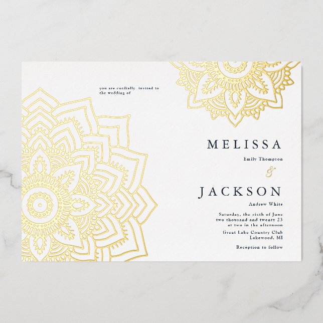 Delicate gold mandala Wedding Foil Invitation (Front)