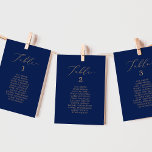 Delicate Gold Navy Table Number Seating Chart Card<br><div class="desc">These delicate gold and navy table number seating chart cards are perfect for a modern wedding. The romantic minimalist design features lovely and elegant champagne golden yellow typography on a navy blue background with a clean and simple look. The card prints on the front and back (double-sided).</div>