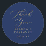 Delicate Gold Navy Thank You Wedding Favour Sticke Classic Round Sticker<br><div class="desc">These delicate gold navy thank you wedding favour stickers are perfect for a modern wedding reception. The romantic minimalist design features lovely and elegant champagne golden yellow typography on a navy blue background with a clean and simple look. Personalise the sticker labels with your names, the event (if applicable), and...</div>