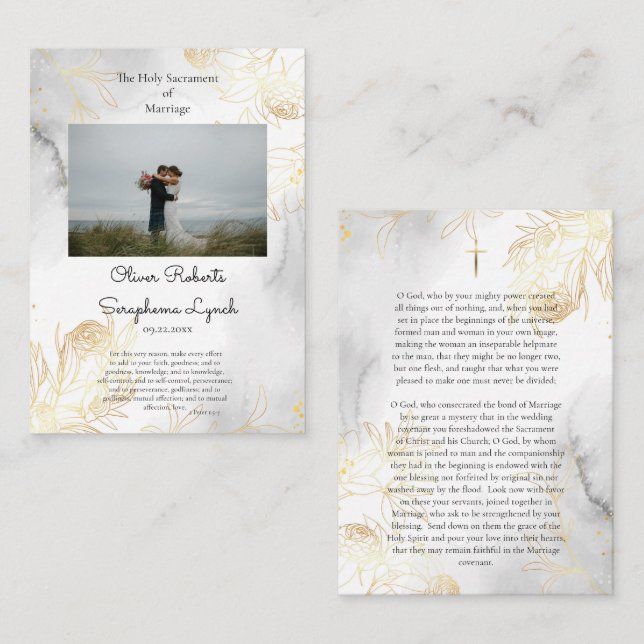 Delicate Gold Roses Catholic Wedding Prayer Card (Front/Back)