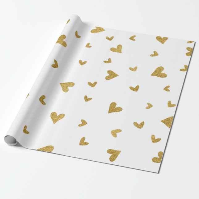 Delicate Gold Sepia Hearts Confetti White Wedding Wrapping Paper (Unrolled)