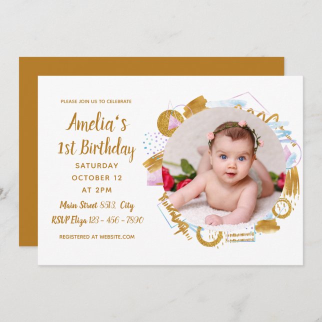 Delicate Gold Spash Photo Baby First Birthday Invitation (Front/Back)