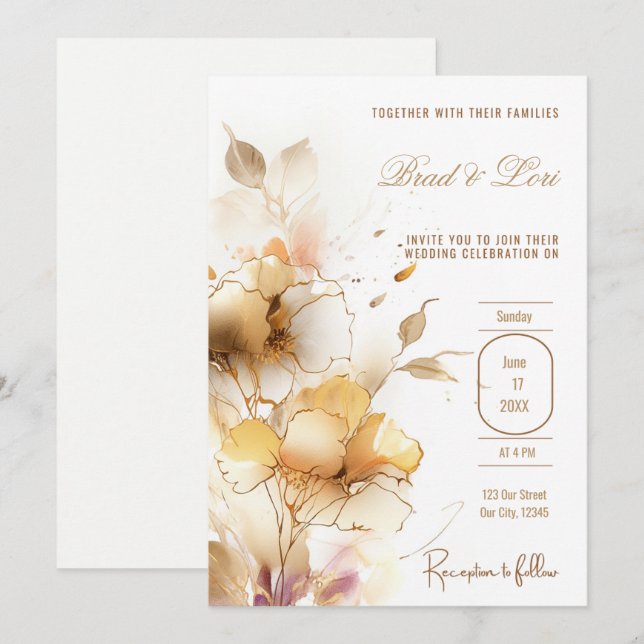 Delicate Golden Floral Invitation (Front/Back)