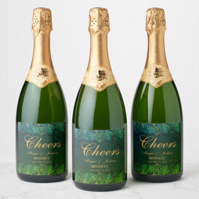 Delicate Green and Gold Leaves Sparkling Wine Labe Sparkling Wine Label (Bottles)