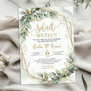 Delicate green eucalyptus and gold sweet sixteen invitation