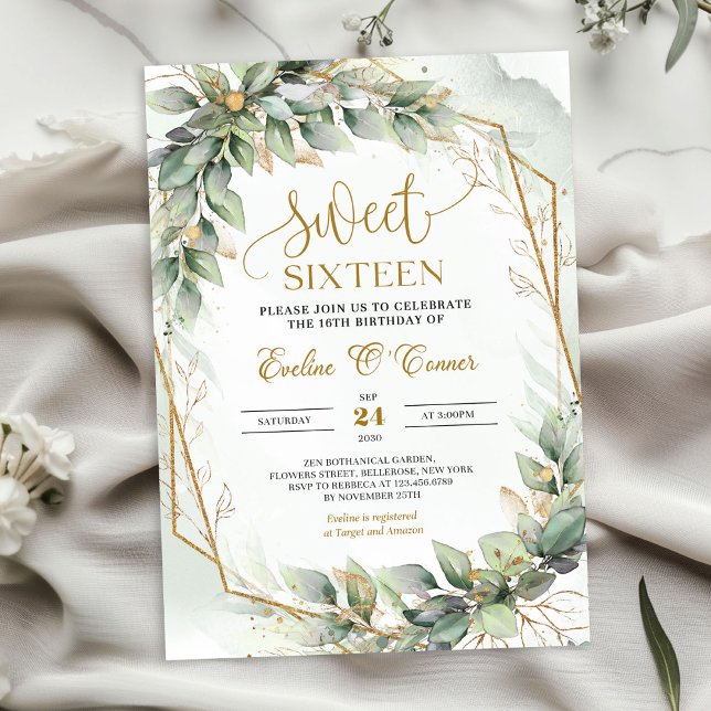 Delicate green eucalyptus and gold sweet sixteen invitation (Chic watercolor green eucalyptus and gold sweet sixteen invitation digital)